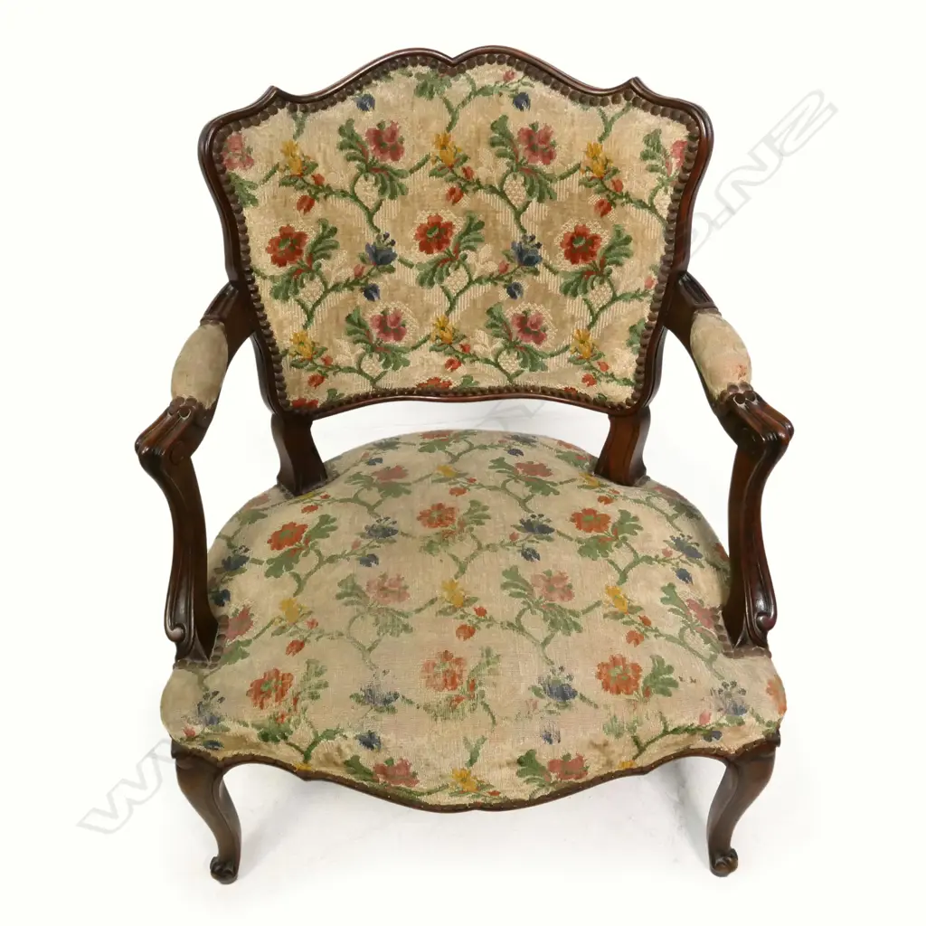 A pair of French walnut open elbow armchairs scrolling frame original floral and cream upholstery with upholstery nail details. 600 x 400 x 750mm. Image 1++
