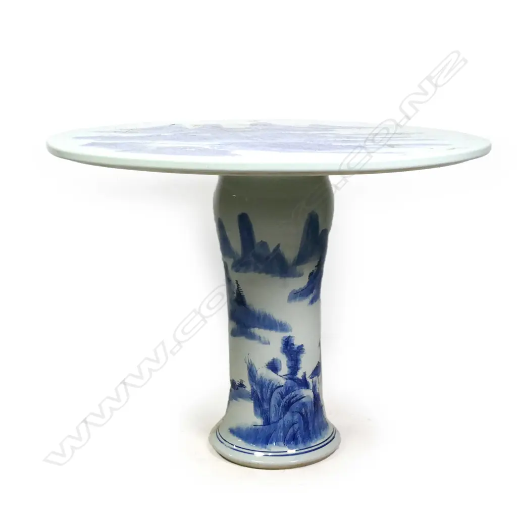 A late 20thC Chinese ceramic pedestal table and five stool set, Image 1++