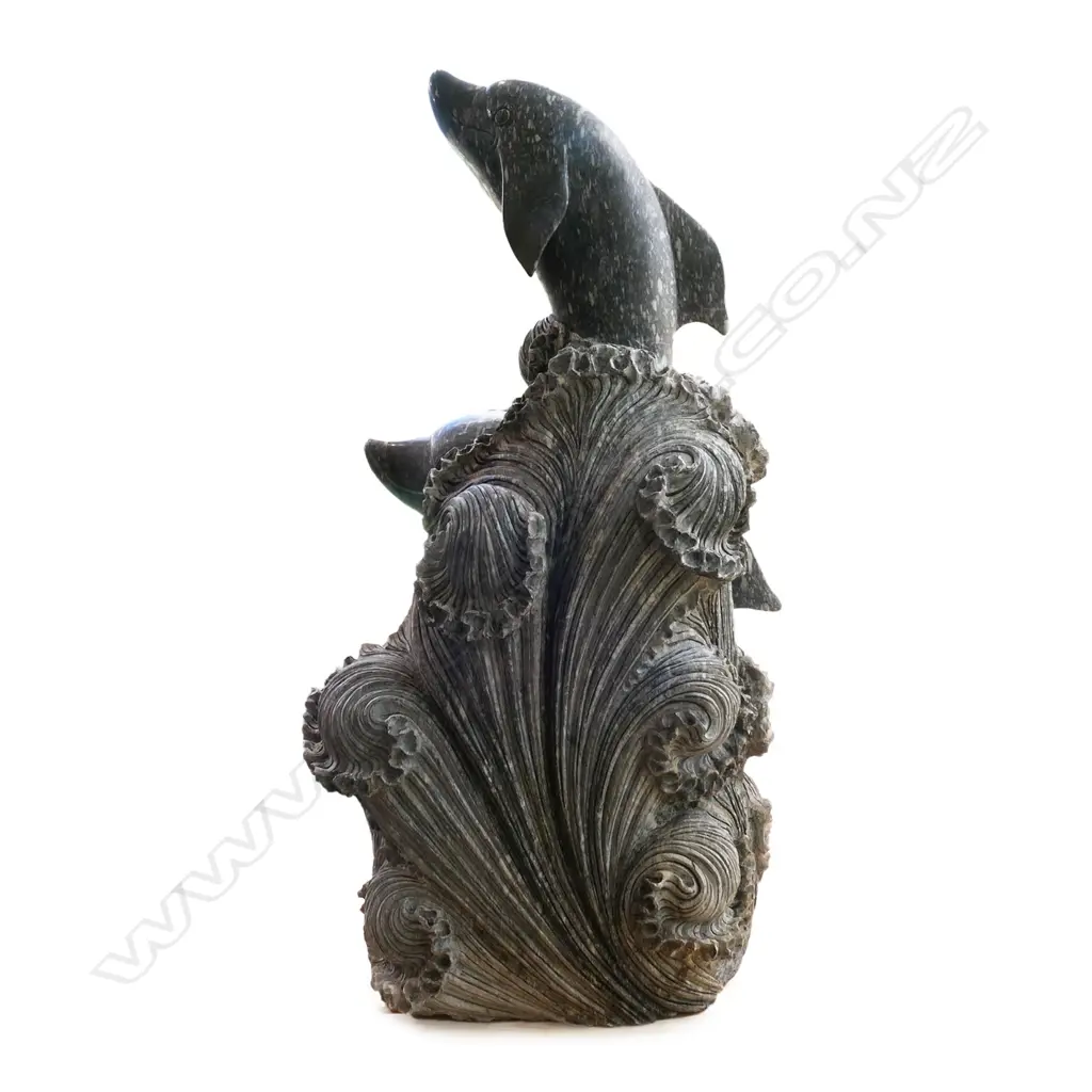 A large and impressive marble sculpture of dolphins frolicking in the waves, Image 1++