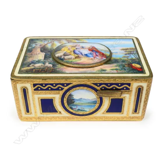 A rare German gilt-metal and enamelled singing-bird box attributed to Karl Griesbaum,