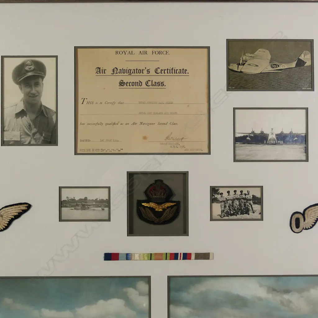 A framed amalgamation of badges, ephemera and photographs related to Pilot Officer R. E. Skeen, RNZAF, RAF, Image 1++