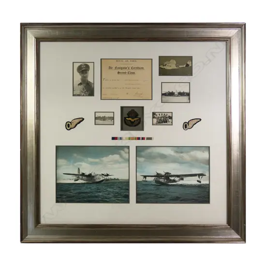 A framed amalgamation of badges, ephemera and photographs related to Pilot Officer R. E. Skeen, RNZAF, RAF,