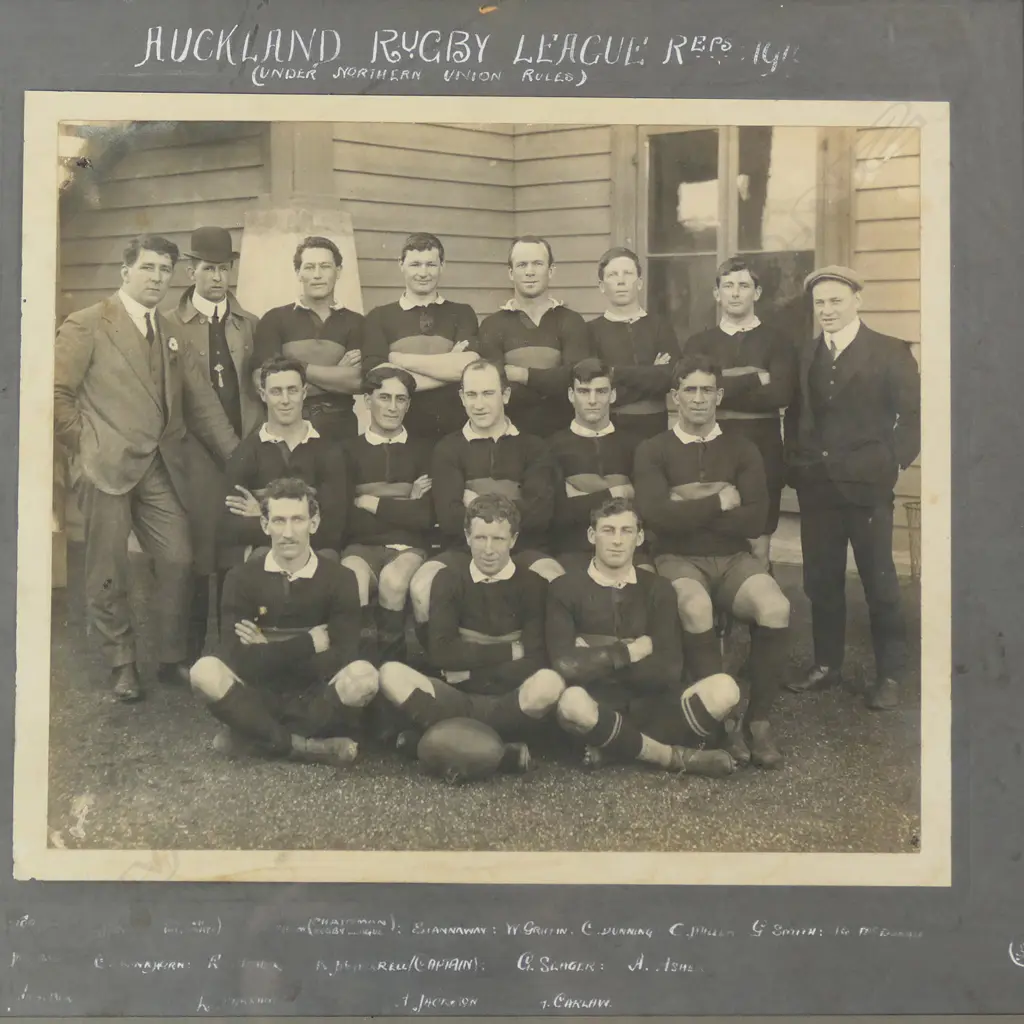 An early rugby league/union photograph, 'Auckland Rugby League Reps 1910' (Under Northern Union Rules), Image 1++