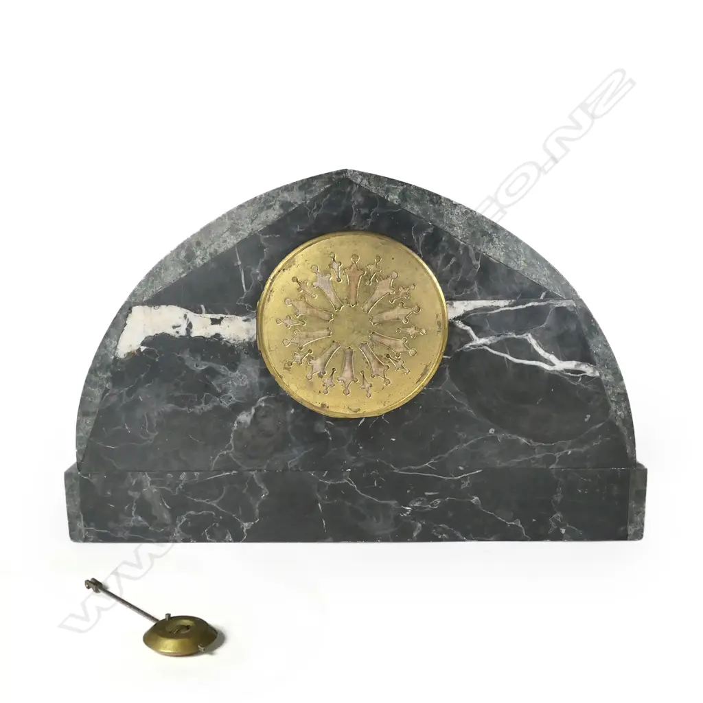 A good French three-piece Art Deco ormolu and marble clock garniture set Image 1++