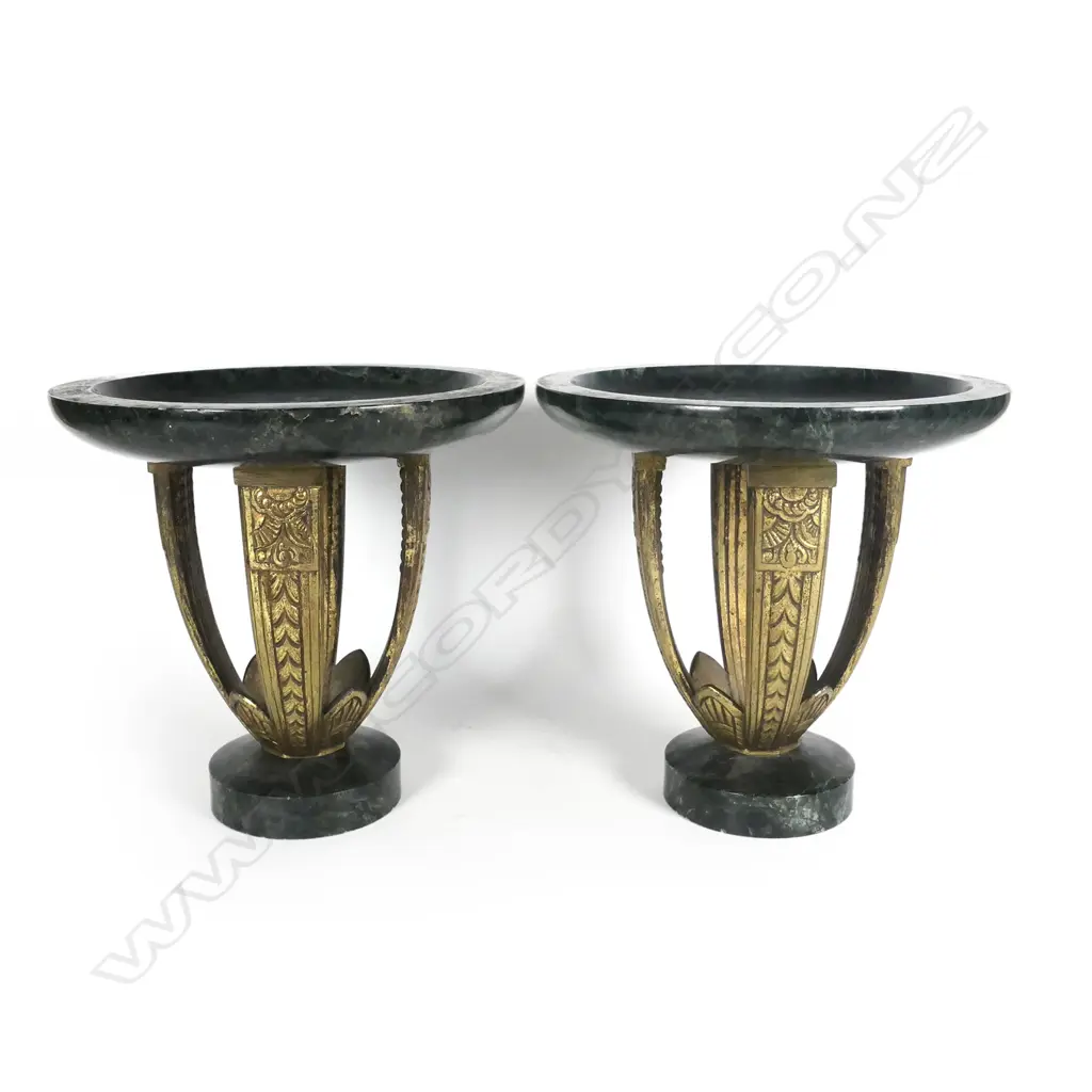 A good French three-piece Art Deco ormolu and marble clock garniture set Image 1++