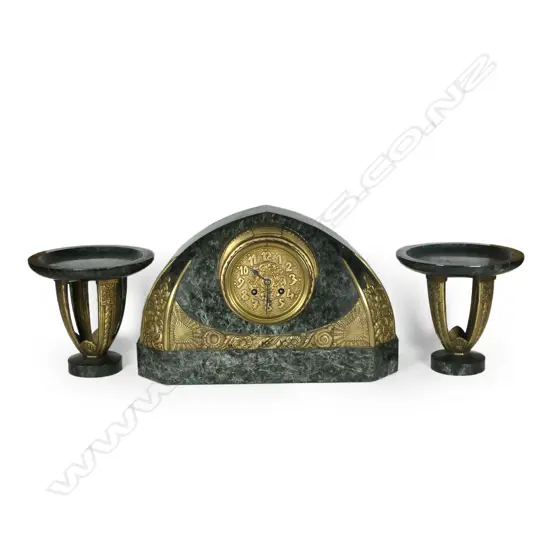 A good French three-piece Art Deco ormolu and marble clock garniture set