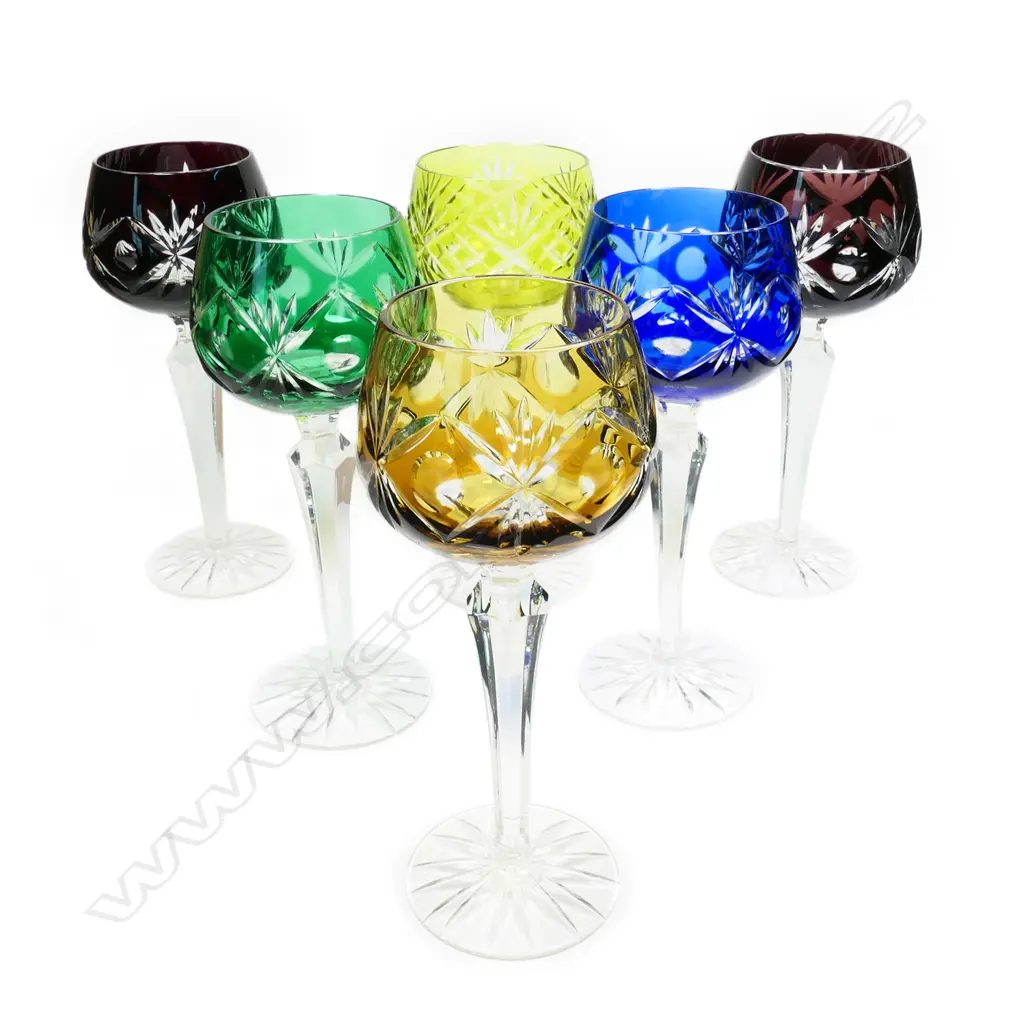 A harlequin set of six Bohemian wine glasses. Image 1++