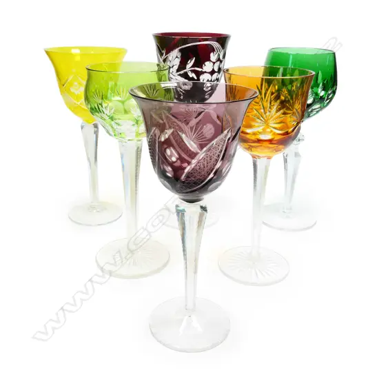 A set of six harlequin Bohemian wine glasses,
