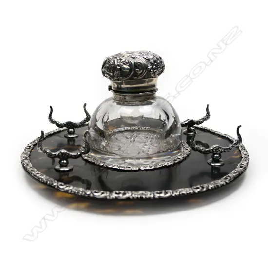 A late Victorian silver and tortoiseshell standish,