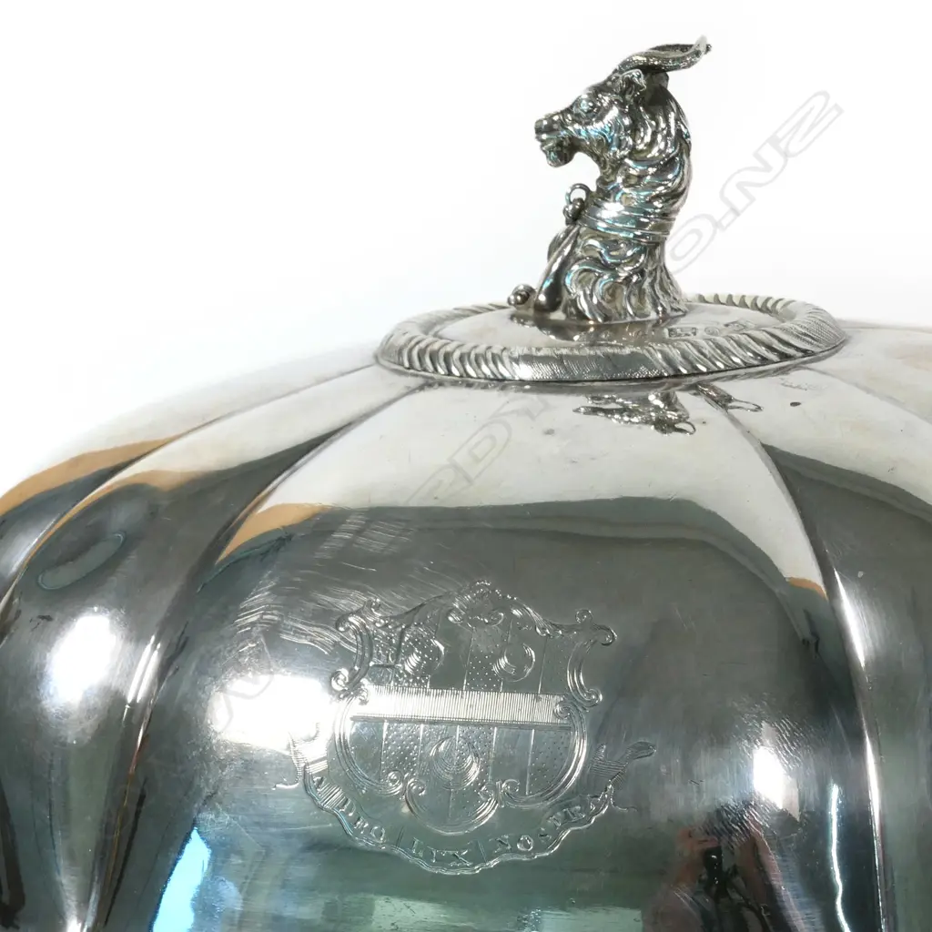 A William IV silver food dome with a cast handle modelled as the crest of the Holloway family, an antelope's head collared and chained at it's breast a crescent, Image 1++