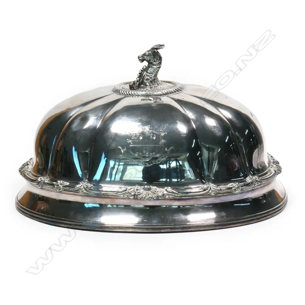 A William IV silver food dome with a cast handle modelled as the crest of the Holloway family, an antelope's head collared and chained at it's breast a crescent, Image 1++