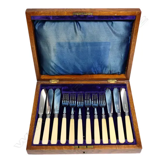 A six-place ivory and silver fish set,