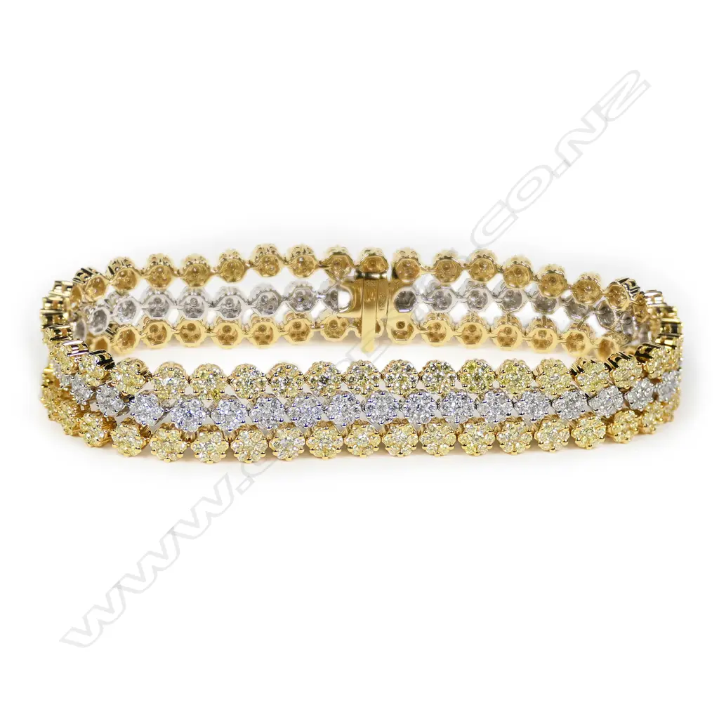 An 18ct white gold yellow and white diamond three row diamond cluster bracelet, Image 1++