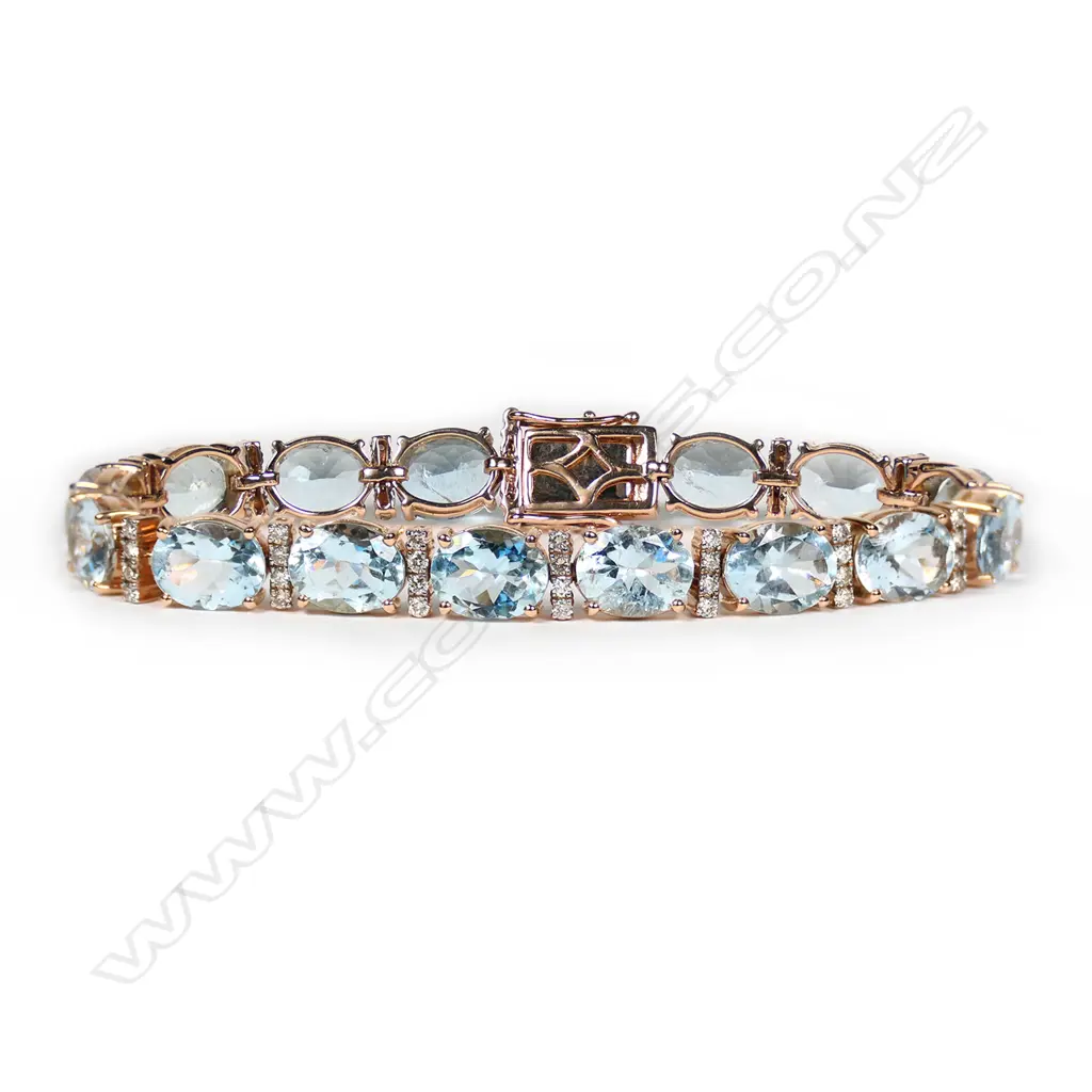 A 14ct rose gold, aquamarine and diamond, vintage style tennis bracelet, Image 1++