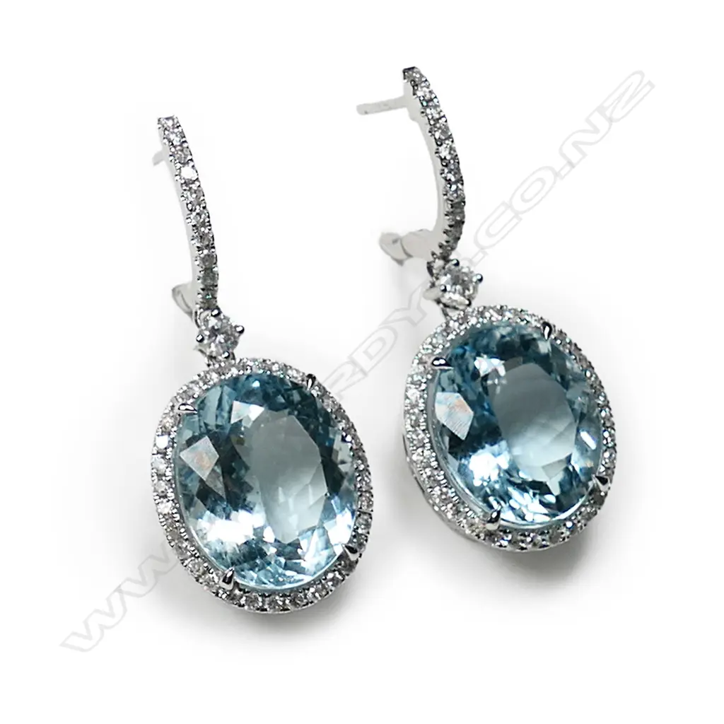 A pair of 14ct white gold, aquamarine and diamond earrings, Image 1++
