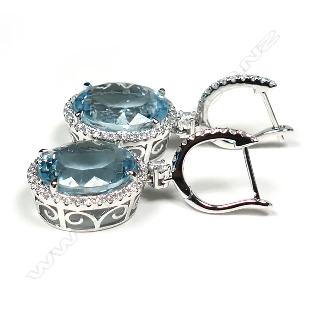 A pair of 14ct white gold, aquamarine and diamond earrings, Image 1++