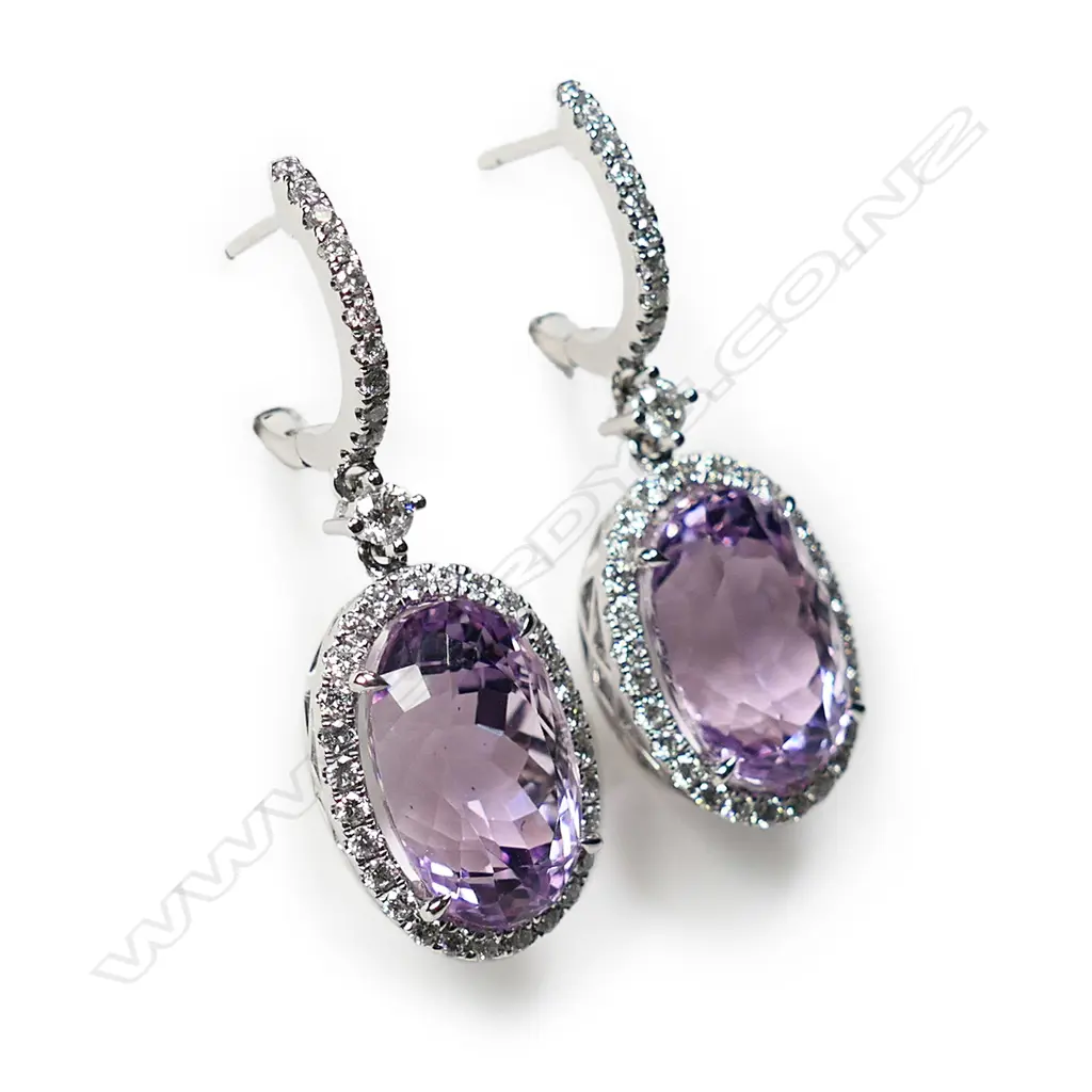 A pair of 14ct white gold, kunzite and diamond halo drop earrings, Image 1++
