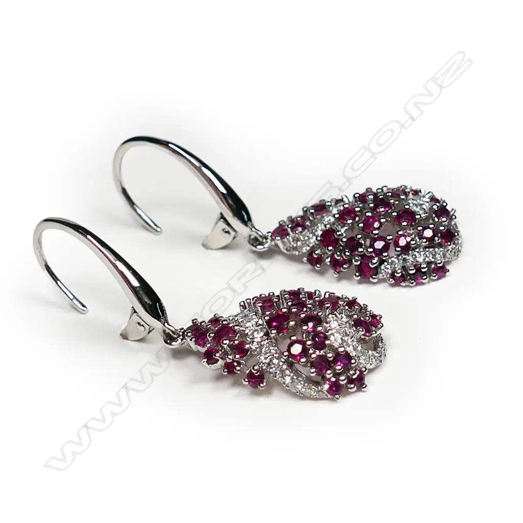 A pair of 14ct white gold, ruby and diamond cluster drop earrings, Image 1++