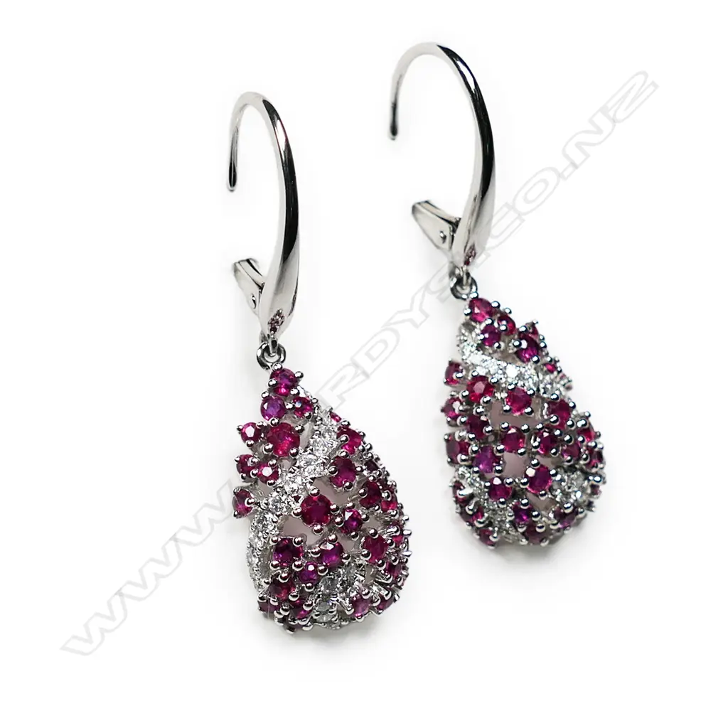 A pair of 14ct white gold, ruby and diamond cluster drop earrings, Image 1++