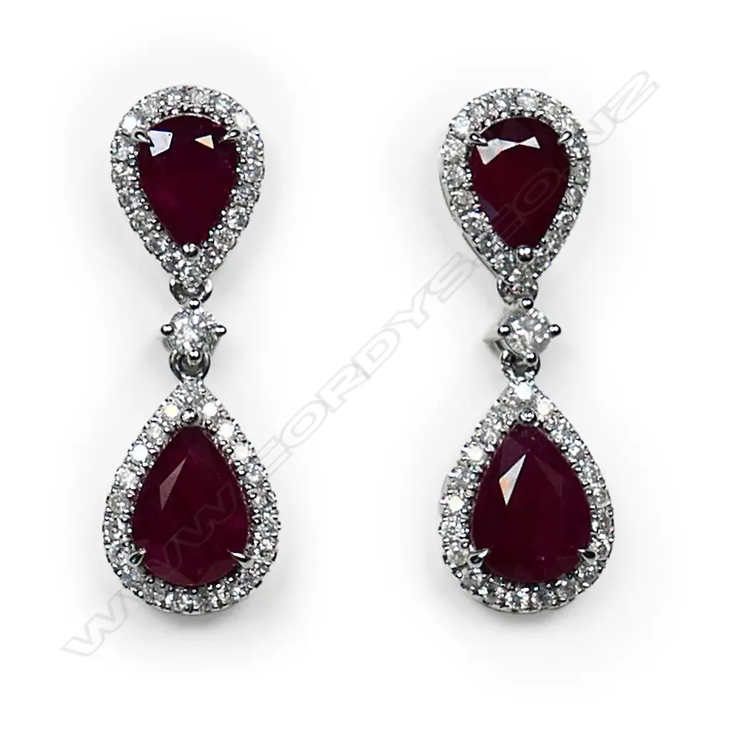 A pair of platinum, ruby and diamond drop earrings, Image 1++