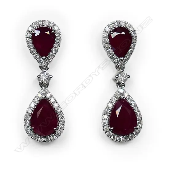 A pair of platinum, ruby and diamond drop earrings,