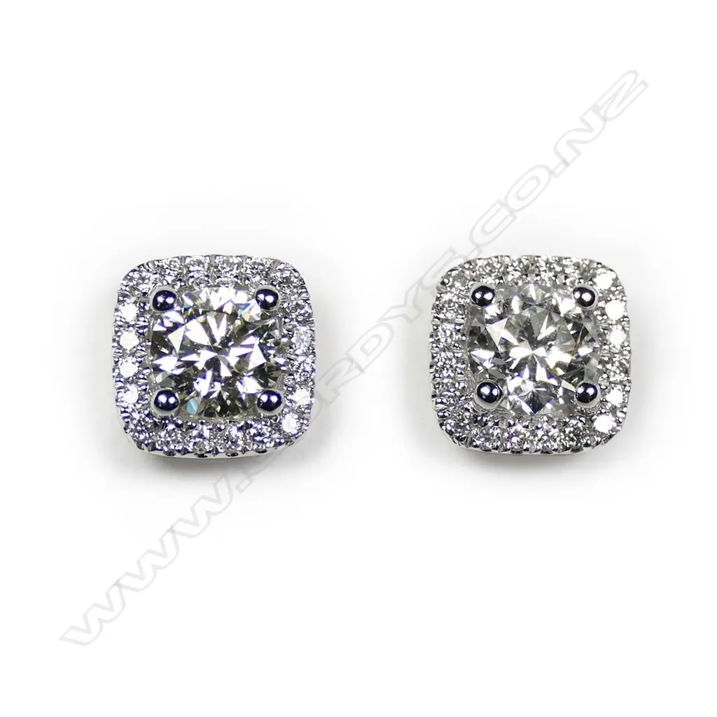 A pair of 18ct white gold and diamond square form earrings, Image 1++