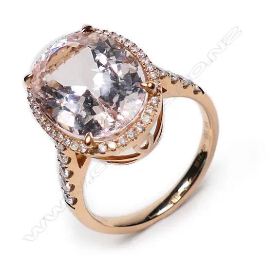 An 18ct rose gold, morganite and diamond halo ring,