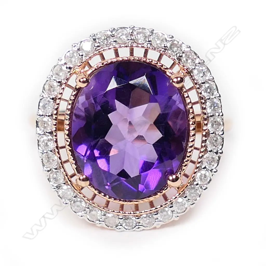A 14ct rose gold, amethyst and diamond halo cocktail ring, Image 1++