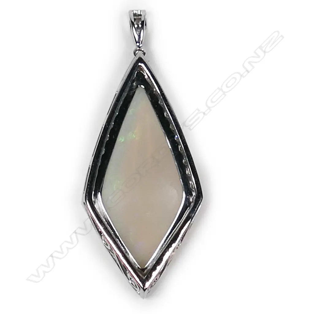 A 14ct white gold, opal and diamond drop pendant, Image 1++