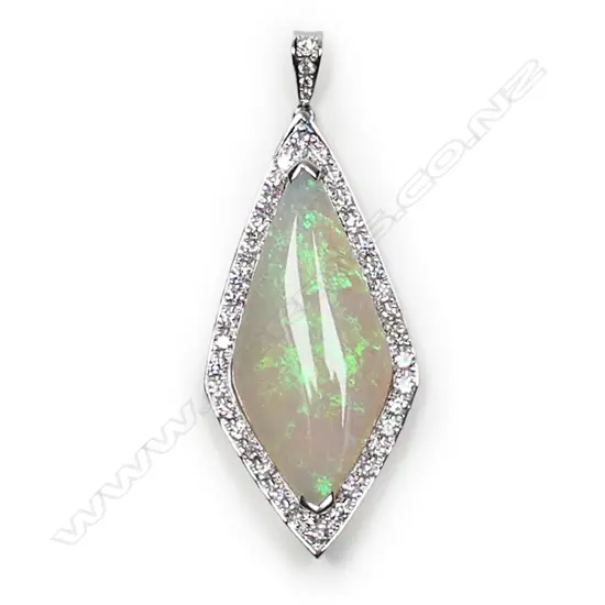A 14ct white gold, opal and diamond drop pendant,