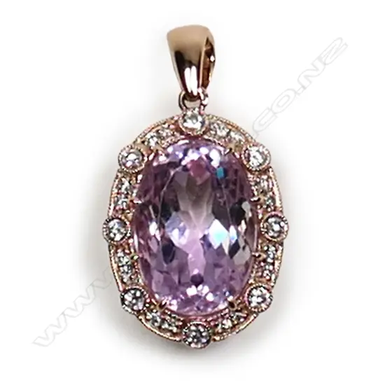 A 14ct rose gold, kunzite and diamond pendant,