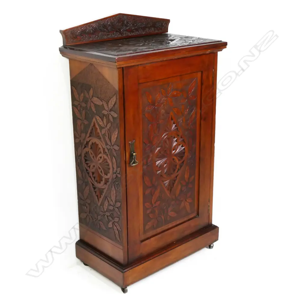 An early NZ kauri chipped carved music cabinet, Image 1++