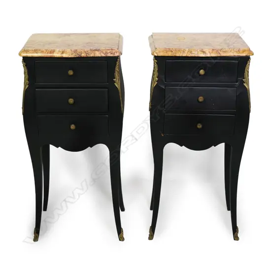 A pair of contemporary French antique style side cabinets, ebonised with ormolu mounts,