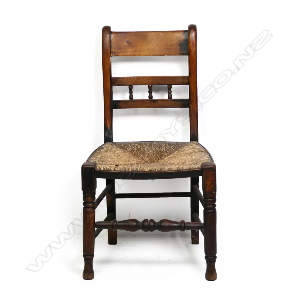 A harlequin set of French provincial, beech, rush seated dining chairs, Image 1++