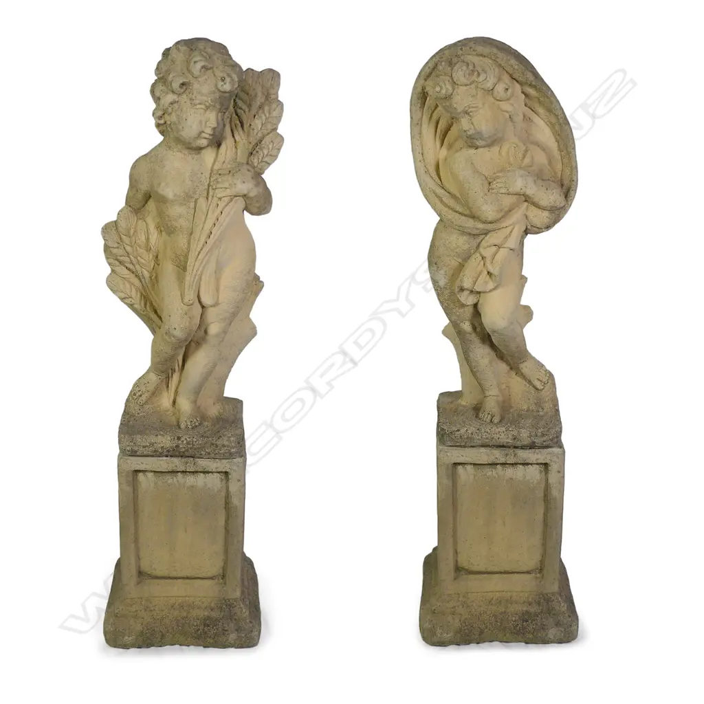 A pair of allegorical church stone garden cherubs, Image 1++