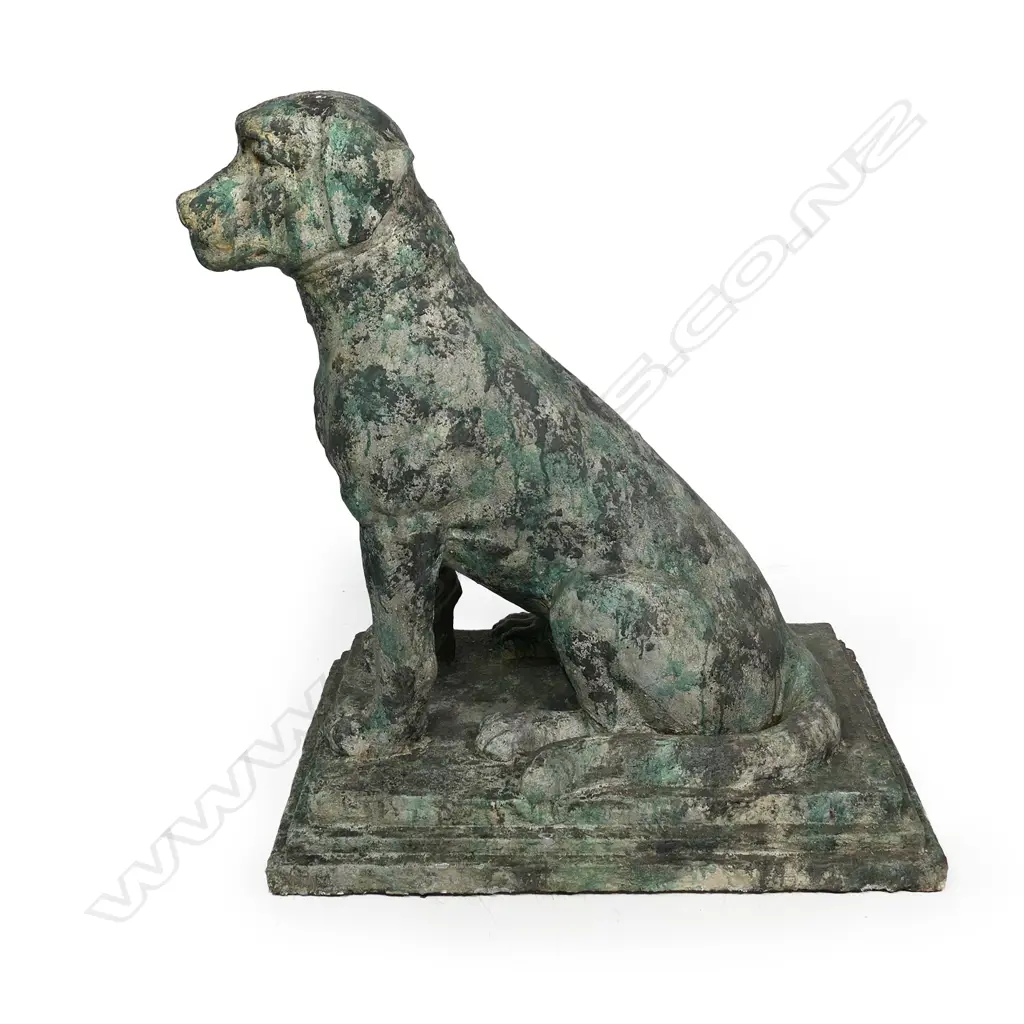 A very large vintage fibrous cement seated dog garden sculpture, Image 1++