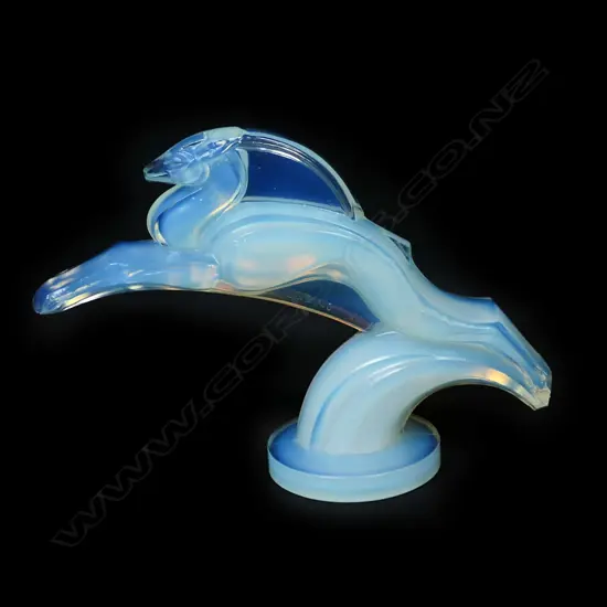 An Art Deco opalescent glass 'Leaping Gazelle' mascot by Marius-Ernest Sabino