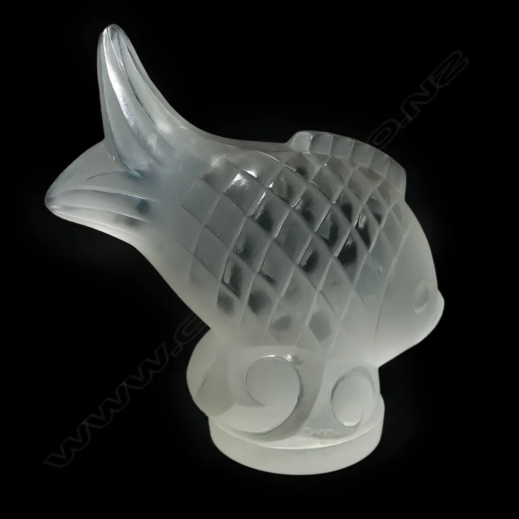 A frosted glass radiator cap mascot by Guéron c.1925 depicting a Fish from the Caribbean Sea. Image 1++