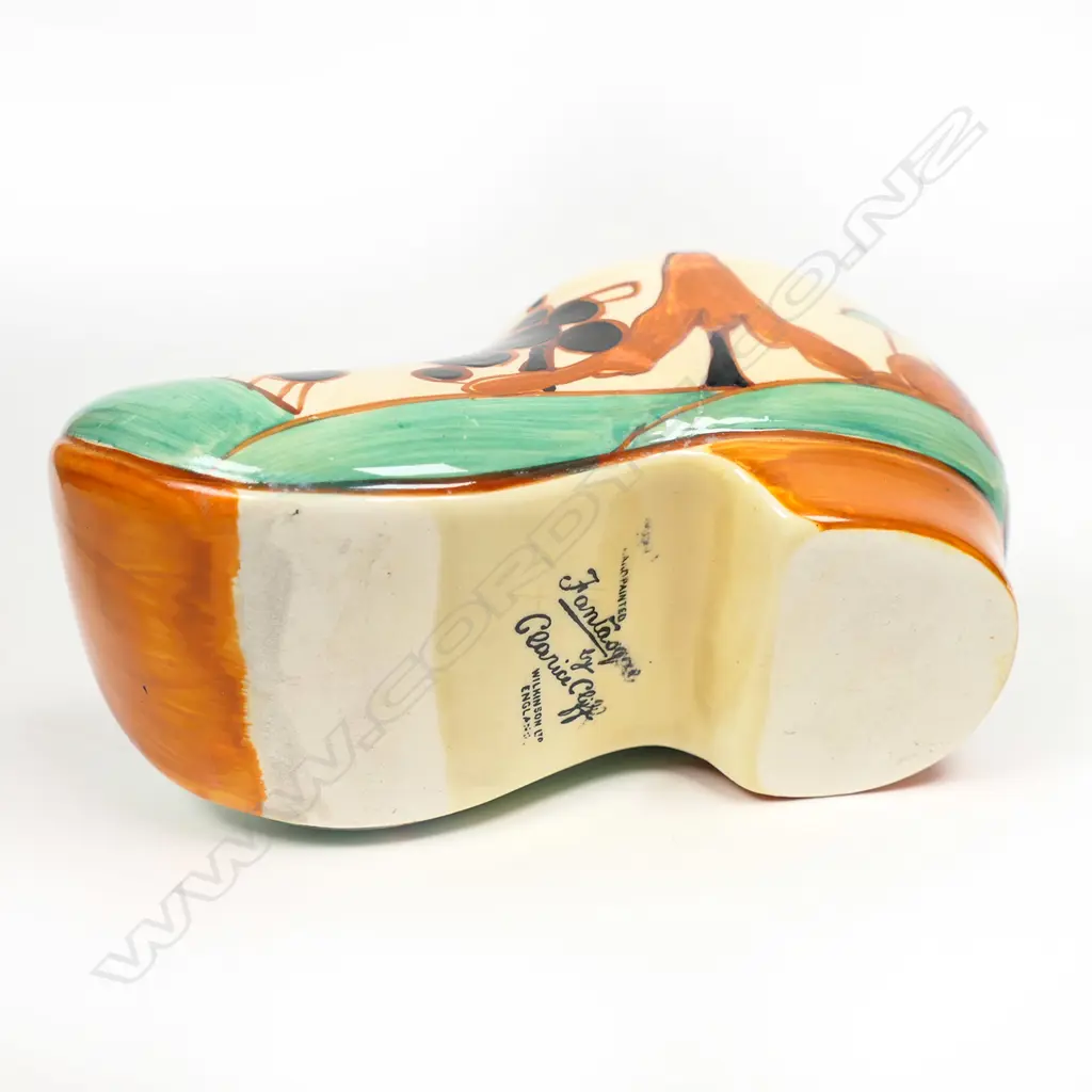 A Clarice Cliff clog / sabot in orange / brown Tress and House pattern, Image 1++
