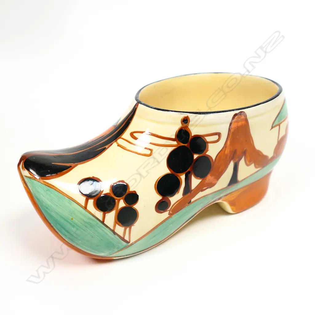 A Clarice Cliff clog / sabot in orange / brown Tress and House pattern, Image 1++
