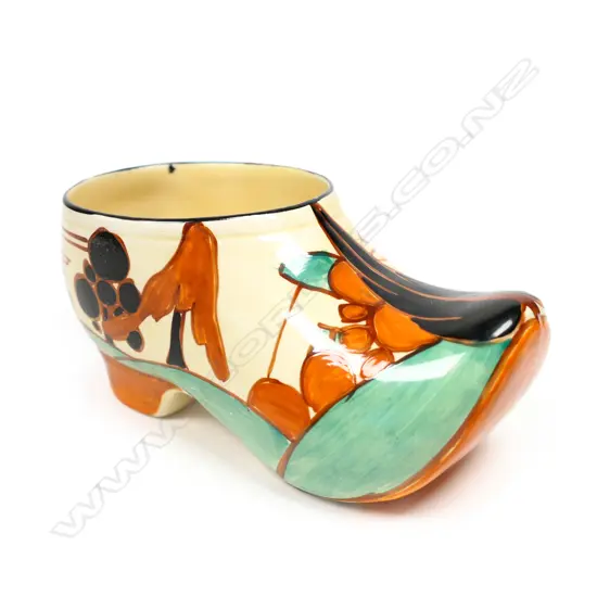 A Clarice Cliff clog / sabot in orange / brown Tress and House pattern,