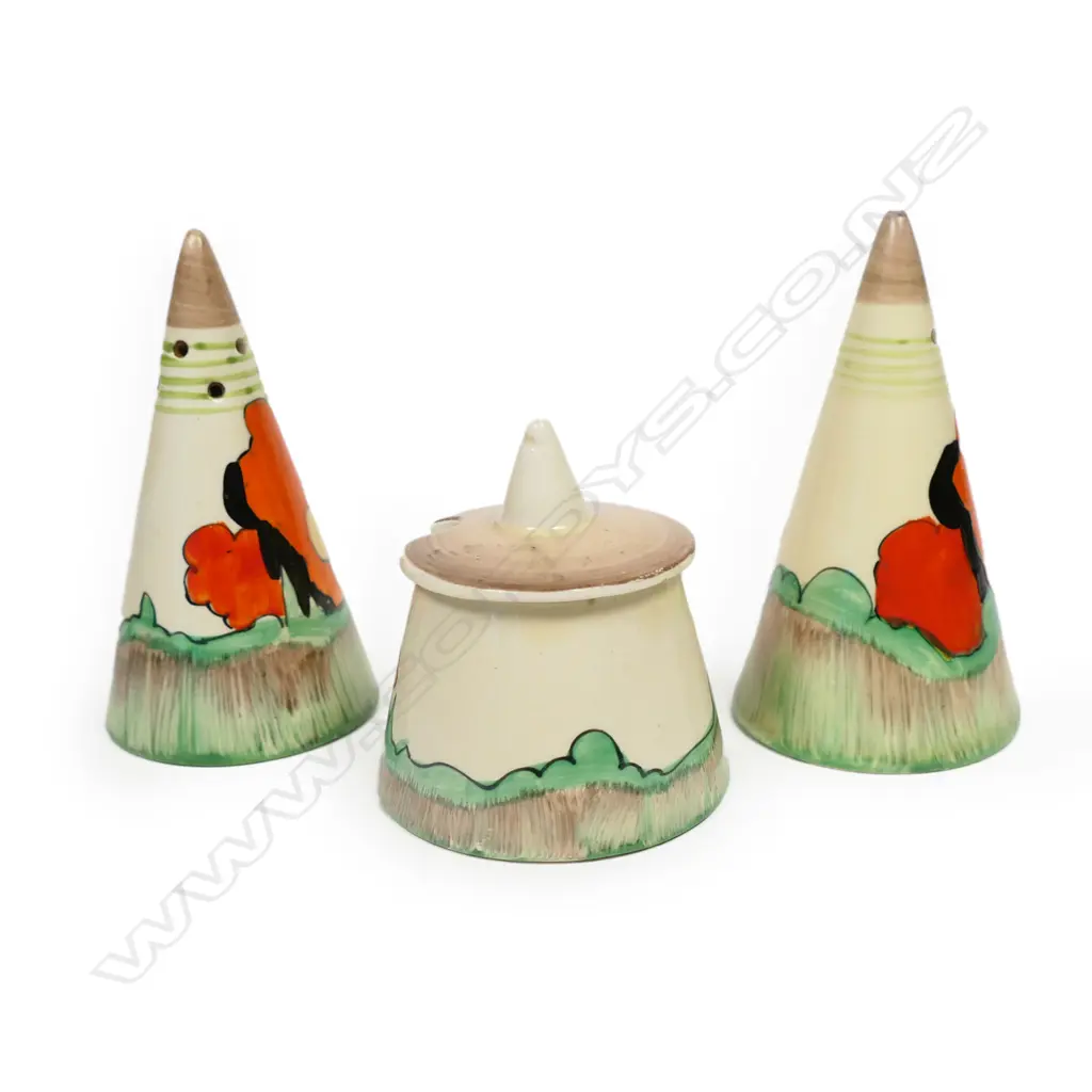 A Clarice Cliff three-piece Lorna condiment set, Image 1++