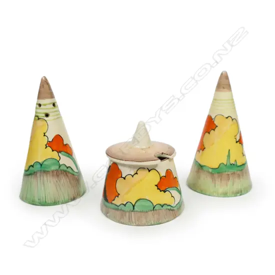 A Clarice Cliff three-piece Lorna condiment set,