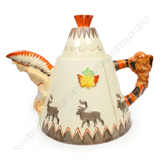 A Clarice Cliff uncommon 'Greetings From Canada' Teepee teapot,