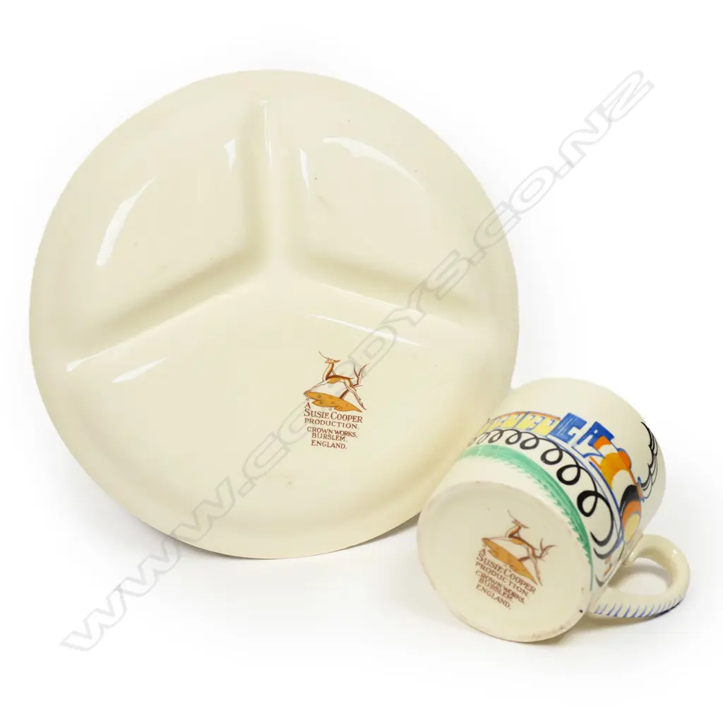 An Art Deco Susie Cooper Nursery Ware "Train" pattern plate and mug Image 1++