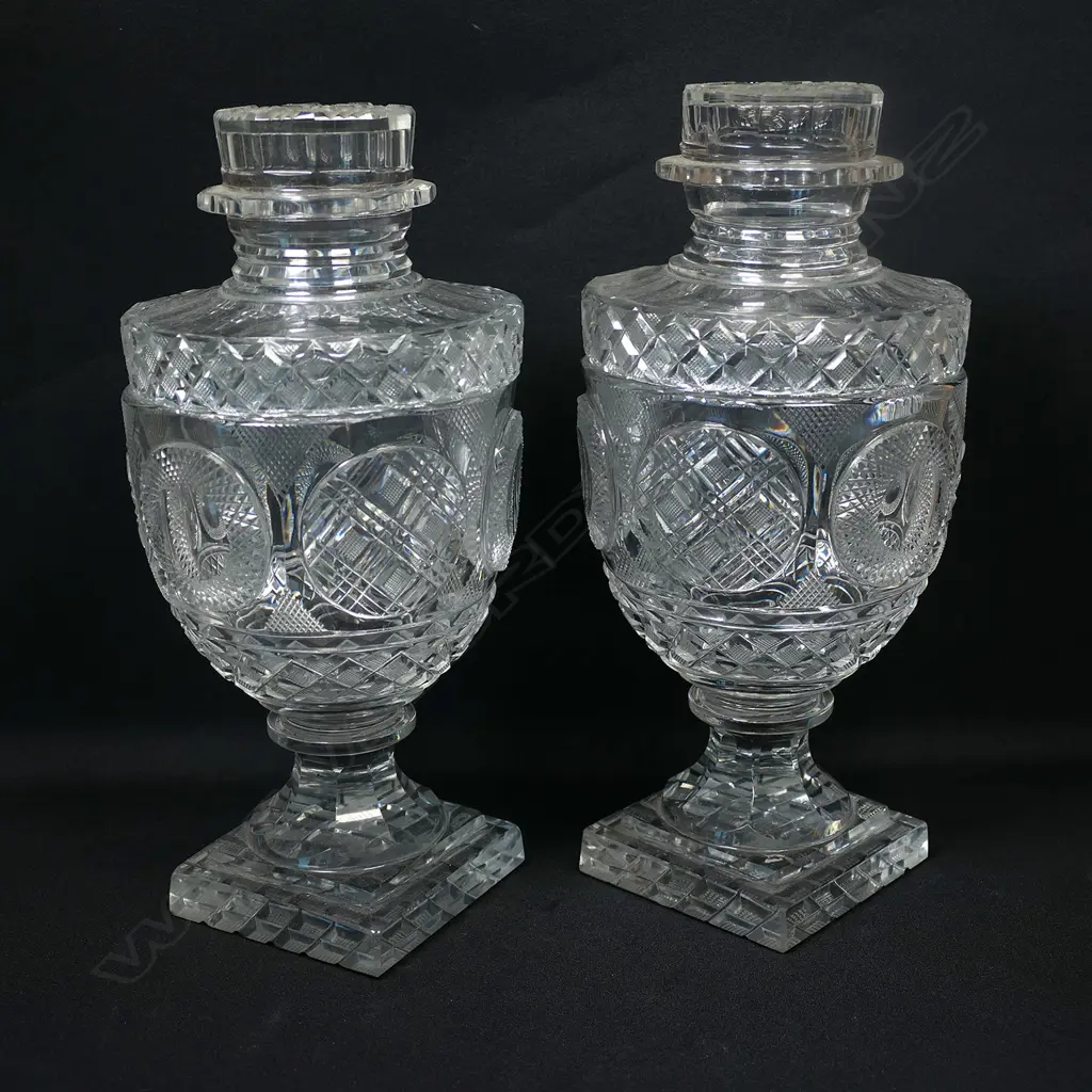 A pair of good quality cut glass lidded urns of Georgian style Image 1++