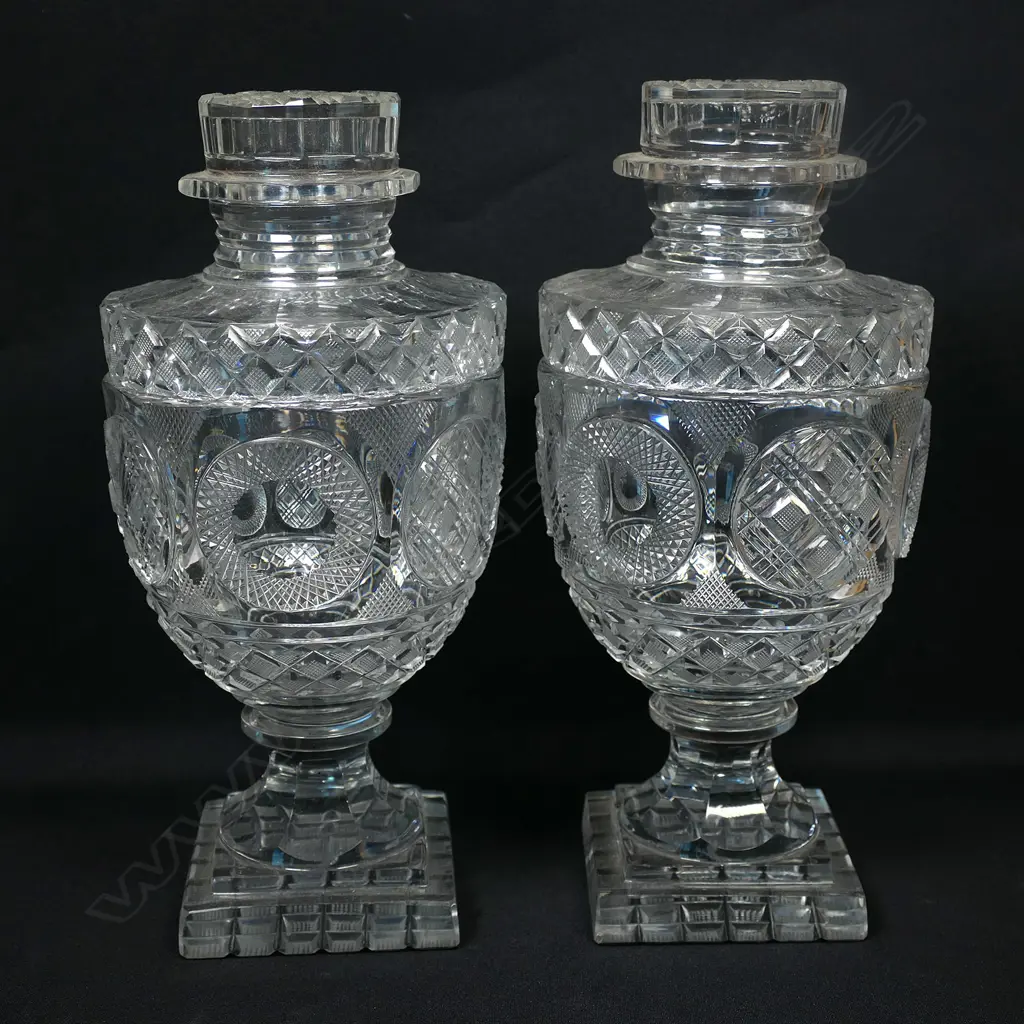 A pair of good quality cut glass lidded urns of Georgian style Image 1++