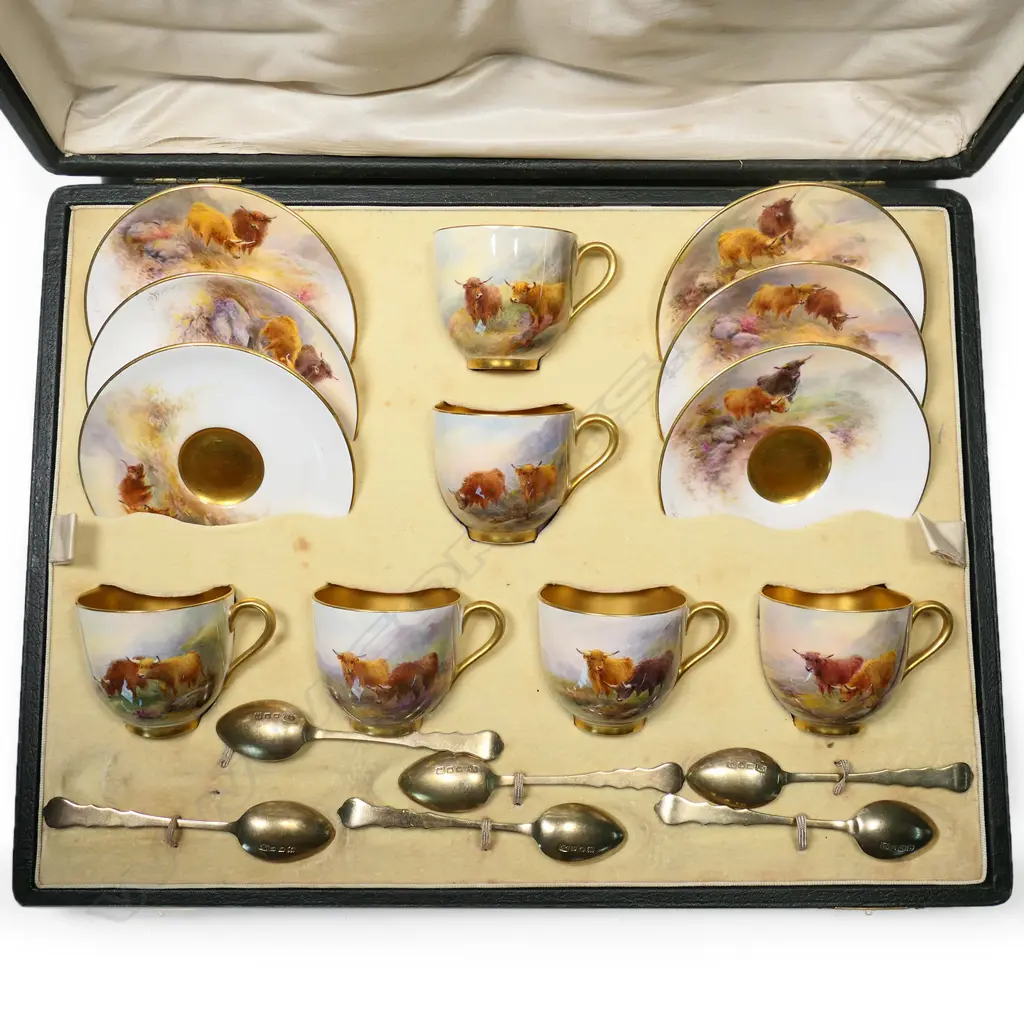 A 1920's Royal Worcester Stinton Highland Cattle demitasse coffee service, Image 1++
