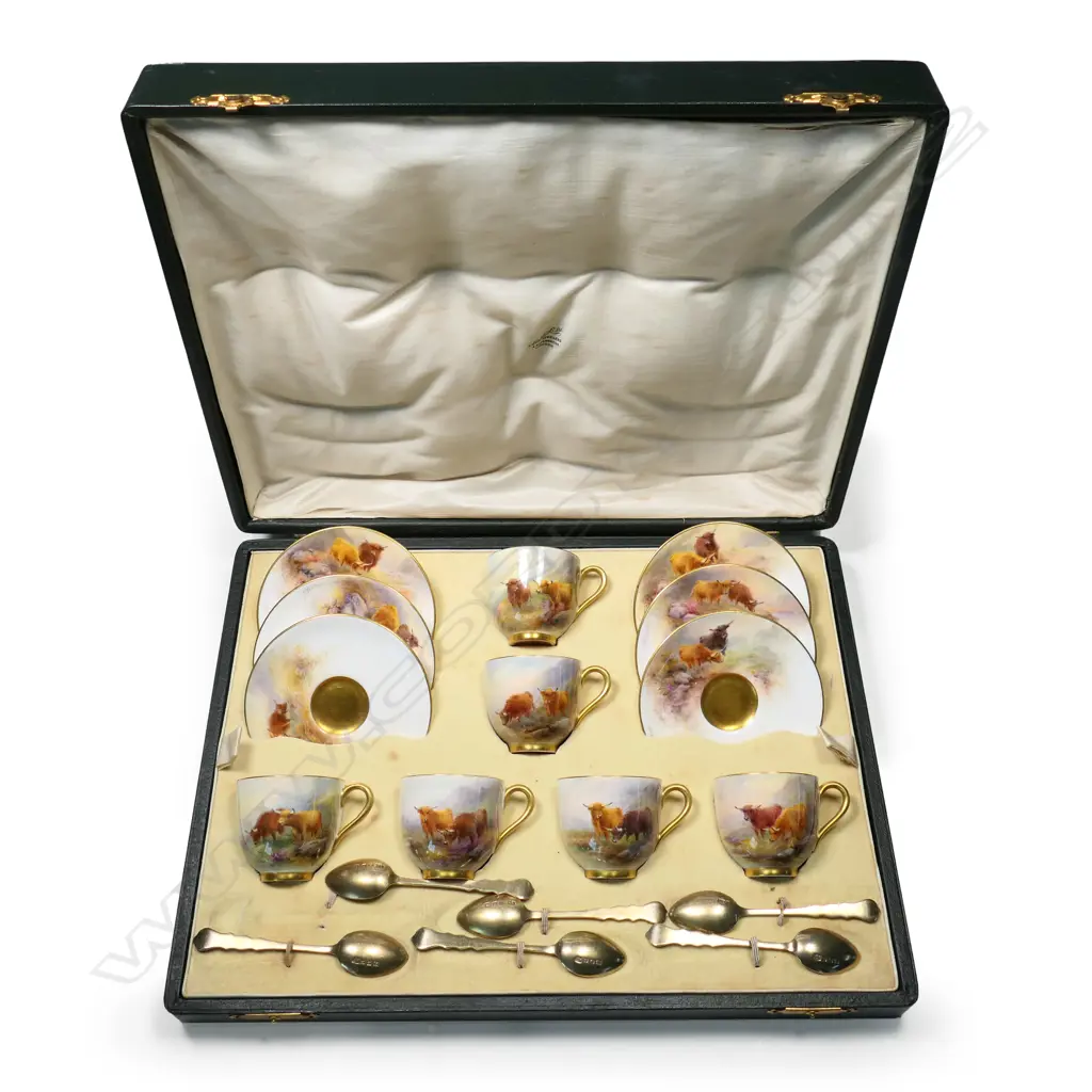 A 1920's Royal Worcester Stinton Highland Cattle demitasse coffee service, Image 1++