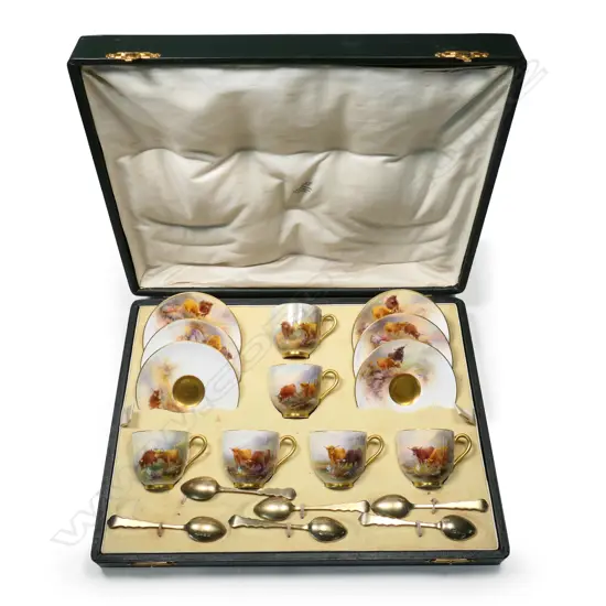A 1920's Royal Worcester Stinton Highland Cattle demitasse coffee service,